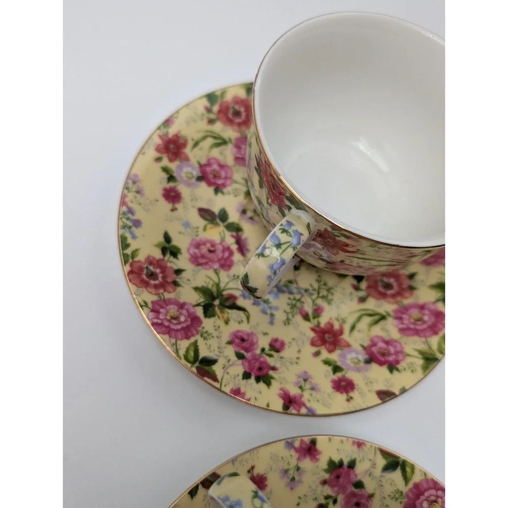 VTG Charlotte Baum Brothers China Yellow & Pink Chintz Floral 13 Pc Set Cups Tea